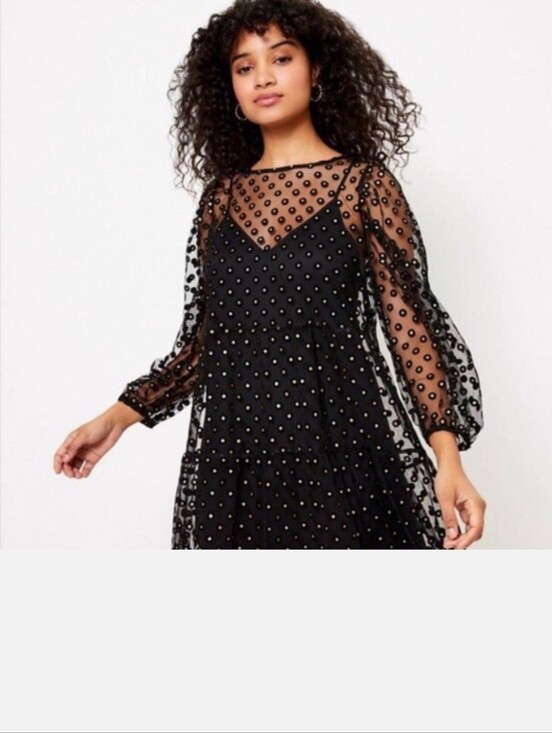 LOFT Dresses & Skirts - LOFT Plus Black Mesh Long Sleeve Dress with Gold Polka Dots
